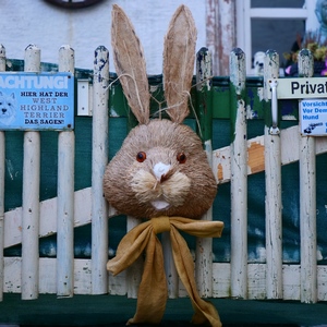 Parrière en bois recouverte de panneaux faisant référence au chien et tête de lapin - Luxembourg  - collection de photos clin d'oeil, catégorie clindoeil